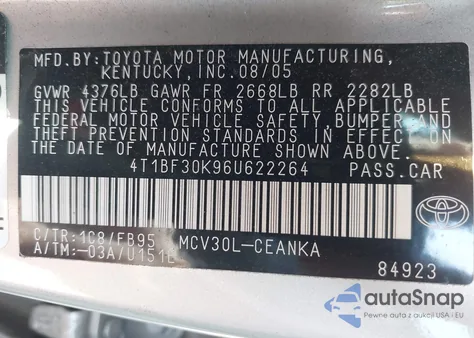 2006 Toyota Camry Le V6 from USA, damaged, VIN 4T1BF30K96U622264